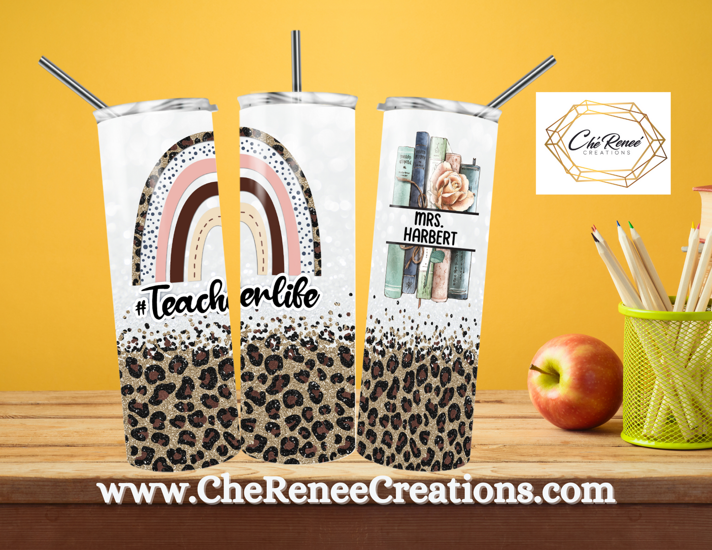 #Teacherlife Brown Leopard Teacher Tumbler with Rainbows and Book detail 20oz Tumbler Customized with Name