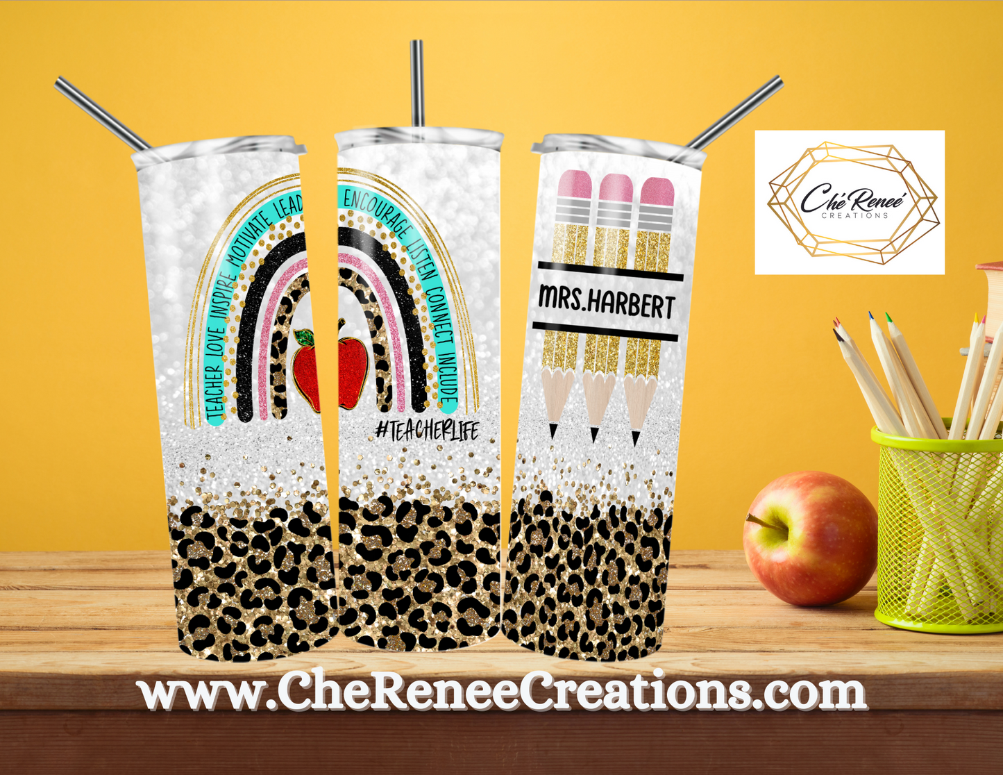 #Teacherlife Brown and Gold Leopard Tumbler with Rainbows and Pencil detail 20oz Tumbler Customized with Name