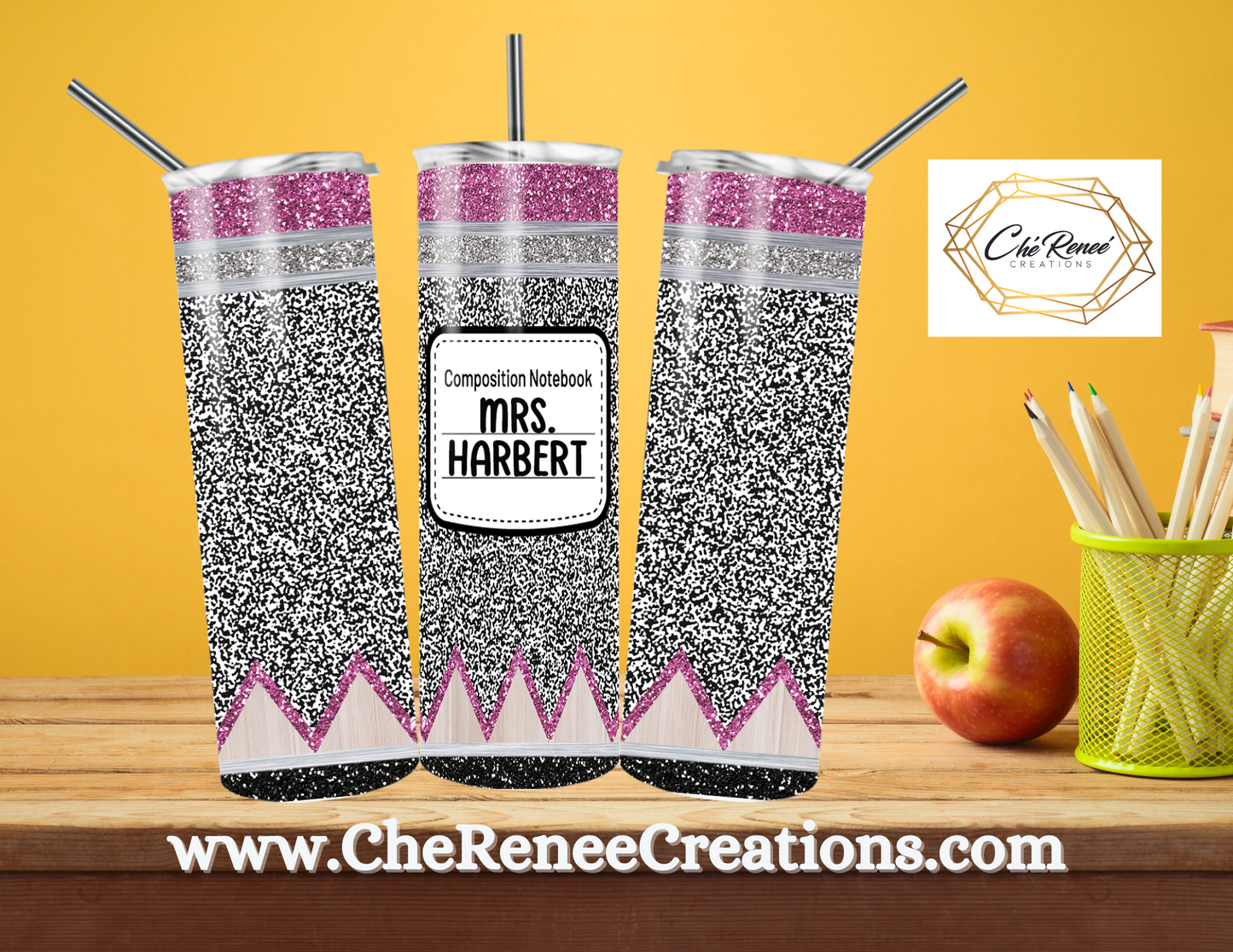Composition Notebook Pencil 20oz Tumbler Customized with Name
