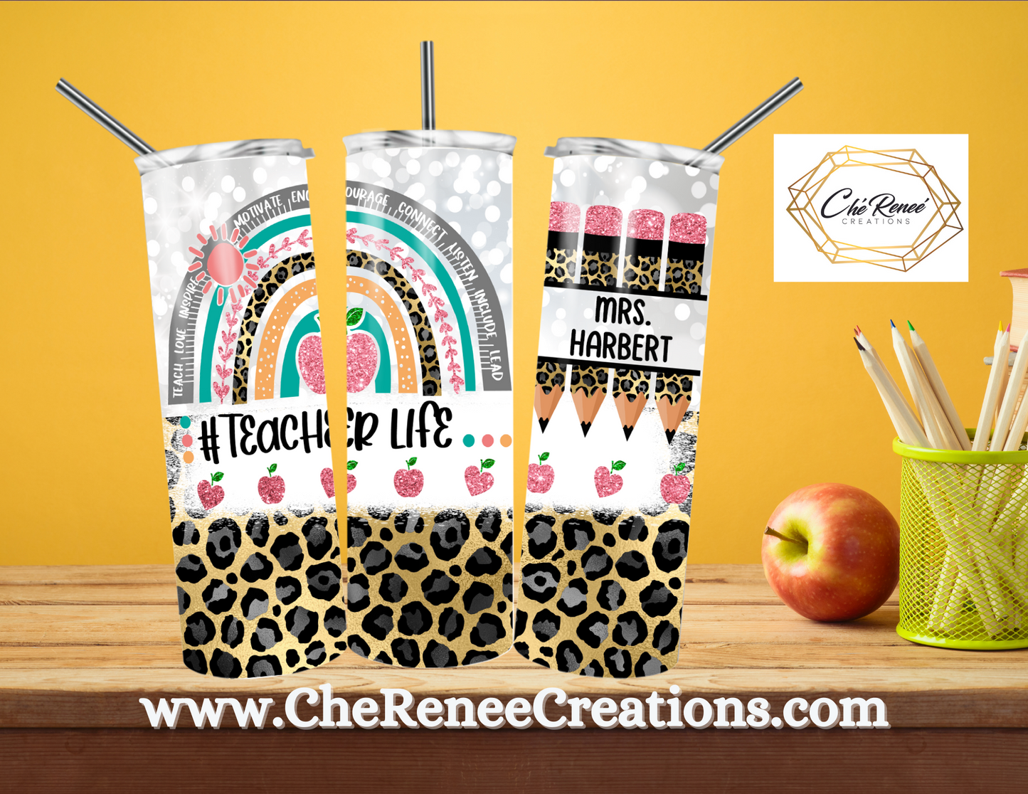 #Teacherlife Silver and Gold Leopard with Rainbow and Pencil detail 20oz Tumbler Customized with Name